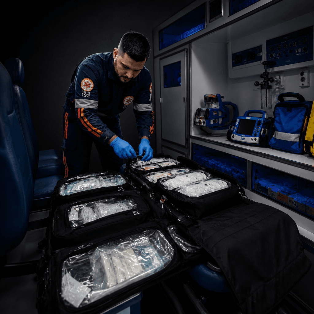 Par de bolsas para ambulância desenvolvidas para padronização de frota e transporte inter-hospitalar