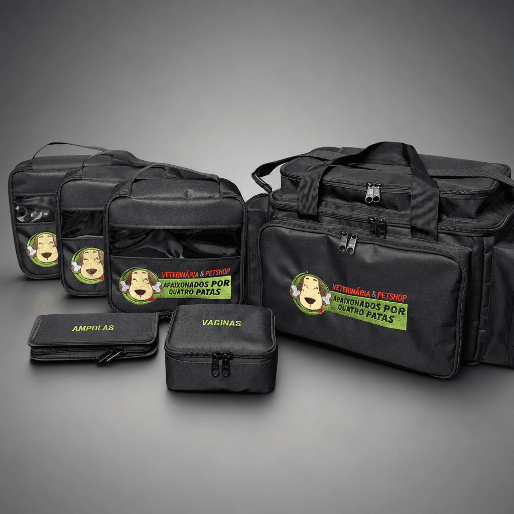 Kit veterinário completo para clínicas e hospitais, com organização de materiais cirúrgicos e diagnóstico